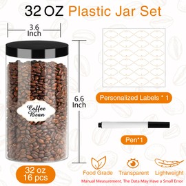 PeacePeo PeacePeo Plastic Jars with Lids, 16 Pcs 32 OZ Large Plastic Storage Jars with Black Leakproof Lids Cylinder Plastic Storage Container Jar Reusable Clear Empty Jars for Home and Kitchen Organizing
