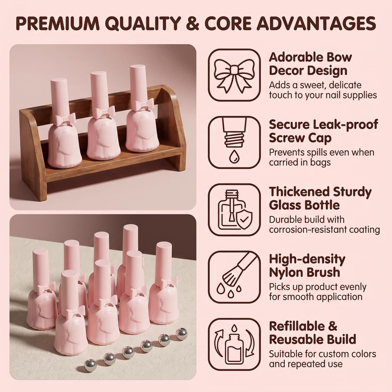 6PCS 0.4oz Pink Empty Glass Nail Polish Bottles with Mix