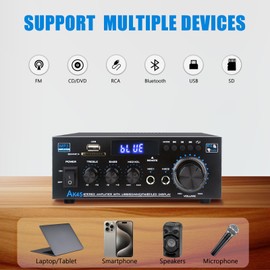 WOOPKER AK45 Bluetooth 5.0 Home Audio Amplifier Stereo Receivers,Max 300W, 2.0 Channel Stereo Power Amplifie System with USB,SD Card,RCA,2 MIC in, Home Amp for Home Theater Speakers,Studio, Karaoke