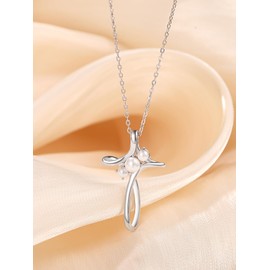 Zhi Kexin 3 Pearl Necklace 925 Sterling Silver Sideways Cross Pendant Necklace for Women Cultured Freshwater Pearl Jewelry Gifts for Women Her