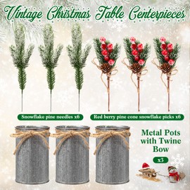 3 Sets Christmas Centerpiece Table Decorations Xmas Floral Arrangement Farmhouse Galvanized Pot with Pine Cone Red Holly Berry Pick Christmas Decor for Table Indoor Kitchen Shelf Mantle (Tin Color)