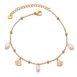 Frigotine Dainty Gold Shell Pearl Charm Ankle Bracelet for Women Trendy non-Tarnish Adjustable Anklet Summer Beach Ocean Fashion Jewelry Gift