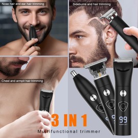 3-in-1 Hair Trimmer for Men | Beard, Body & Nose Groomer with LED Display, USB Rechargeable, Skin-Safe Blades & Adjustable Guards, Waterproof All-in-One Grooming Kit for Face & Below-The-Belt Care