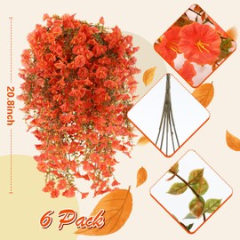 Janinka 6 Pcs Fall Artificial Hanging Flowers for Outdoor, Autumn Silk Morning Glory Faux Flowers with Eucalyptus Leaves, Realistic Hanging Plants for Wedding Home Garden Decor(Orange)