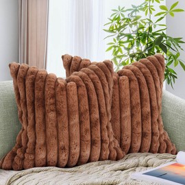 AmHoo Pack of 2 Decorative Throw Pillow Covers Faux Rabbit Fur Cozy Velvet Super Soft Fuzzy Striped Set Case Cushion for Couch Sofa Bedroom 18 x 18-Inch Brown