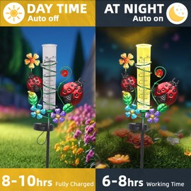 Rain Gauge with Garden Decor Stakes, Solar Rain Gauge Outdoor for Yard and Garden, Easy-Read Ladybug Detachable Rainfall Meter with Solar Lights