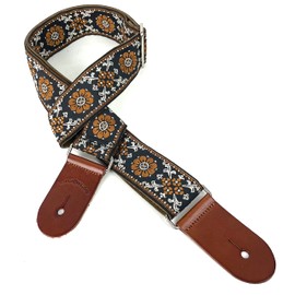 Walker And Williams H-42 Vintage Series Plush Back Cream Mandala Woven Guitar Strap With Thick Chestnut Leather Ends For Acoustic, Electric, And Bass Guitars