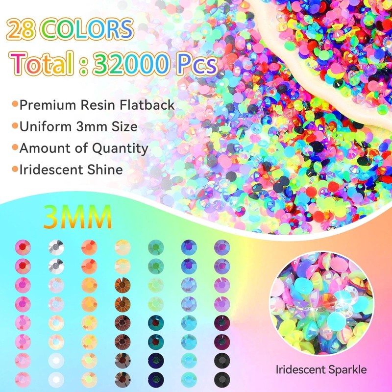 32000 Pcs Rhinestones Bedazzling Kit, 3mm Flatback Resin Gems for