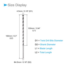 CoCud Twist Drill Bit, 4.5 mm Cutting Diameter, 0.18" Shank 6.3" Length, High-Speed Steel Black Oxide Extended Straight Jobber Drill Bit Set (Application: Metal Wood Plastic), 2-Pieces