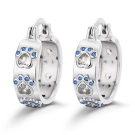 Sterling Silver Paw Print Earrings Small Chunky Huggie Heart CZ Cat Dog Animal Paw Cute Hoop Earrings Hypoallergenic Jewelry for Women