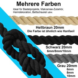 Cotton Cord, Macrame Yarn Rope, Various Sizes, Cotton Rope for DIY Crafts, Gifts (Grey, 6 mm (20 M))