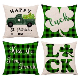 Shamrock St Patricks Day Throw Pillow Cover 18x18 Green Holiday Decorative Cushion Covers Indoor and Outdoor Set of 4 for Party, Living Room, Bedroom and Car (St Patrick's Day)