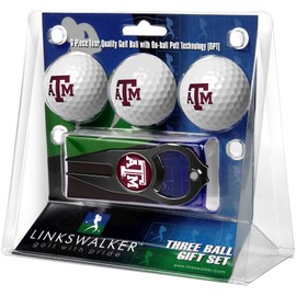 LinksWalker Texas A&M Aggies - 3 Golf Ball Gift Pack with Hat Trick Divot Repair Tool Black