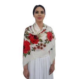 FANFAN Bohemian Rose Pattern Square Shawl - Lightweight Cotton Linen Blend Scarf for Women, Music Festival & Holiday Party Accessory, Hippie Chic Beach Cover Up D8 (Ivory Red Rose)