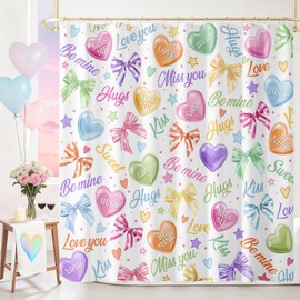 Mocsicka Valentines Shower Curtain Conversation Heart Shower Curtain Set for Bathroom Romantic Love Candy Bathroom Decor Vintage Y2K Theme Valentines Gift for Bathtub (Colorful, 71x71inch)