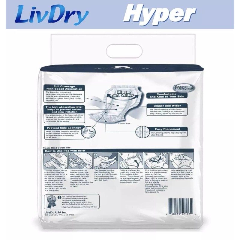 LivDry Hyper 2400 Incontinence Pads 18 Count Comfortable Leak Proof