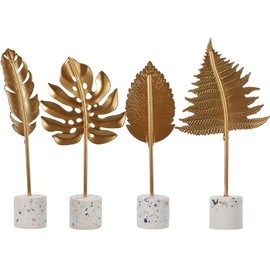 IMIKEYA 4pcs Gold Leaf Sculpture Statue with Base Metal Leaf Decorations Home Desktop Decorations Random Style