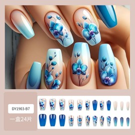 Flower Press on Nails Medium Coffin Fake Nails Gradient French Glue on Nails Glossy Blue False Nails Summer Acrylic Nails Cute Flower Designs Medium Length Artificial Nails Reusable Stick on Nails