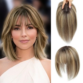 UIPEUBO Hair Toppers for Women Real Human Hair Toppers with Thinning Hairpieces for Women with Bangs 10 Inch Human Hair Topper for Cover Gray Roots (4T427#)