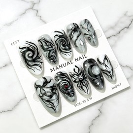 30Pcs Gothic Almond Press on Nails, Black Swirl Butterfly Moon Star Fake Nails, Halloween Marble Silver Y2K Full Cover Acrylic False Nails, Reusable Stick on Nails for Women Dark Manicure