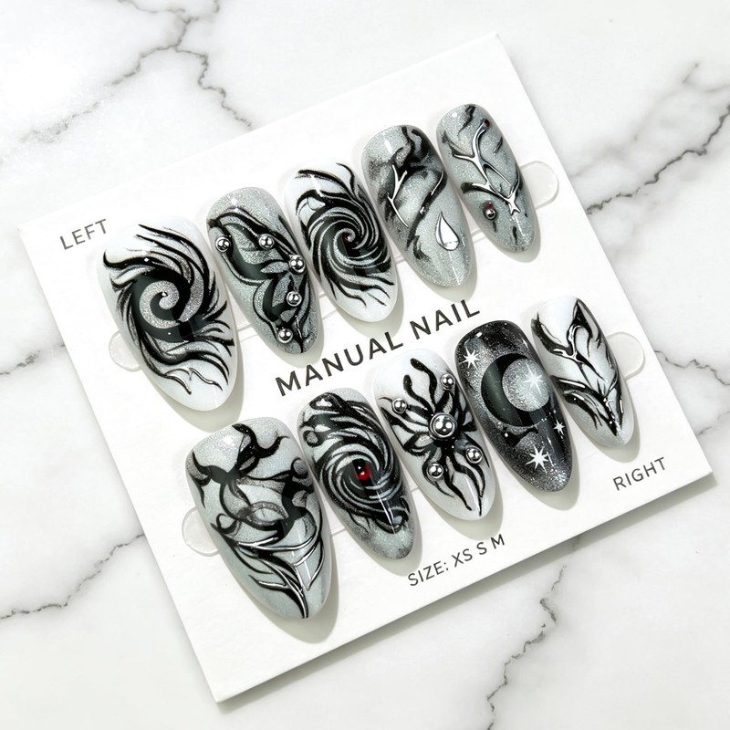 30Pcs Gothic Almond Press on Nails, Black Swirl Butterfly Moon