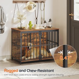 HOOBRO 38.6" Dog Crate Furniture, Wooden Indoor Dog Kennel, Decorative Dog Crate End Table, Chew-Resistant Heavy Duty Dog Crate for Small/Medium Dog, Rustic Brown and Black BF100GW03