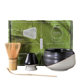 Matcha Set of 4 Tea Utensils, Matcha Ceremony, Rice Bowl, Hundred Points of Chasen, Chasen Whisk, Bamboo Matcha Powder, Whisk, Tea Ceremony, Traditional Crafts, Tea Ceremony, Accessories (Half Black)