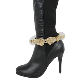 Trendy Fashion Jewelry TFJ Women Boot Bracelet Western Gold Metal Double Belt Buckles Charm Skinny Strap Faux Leather