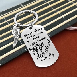 Never Drive Faster Than Your Guardian and Angel Can Fly Driver keychain Tag Pendant Keyring Sweet 16 Jewelry Driving License Gift for New Driver or Graduation