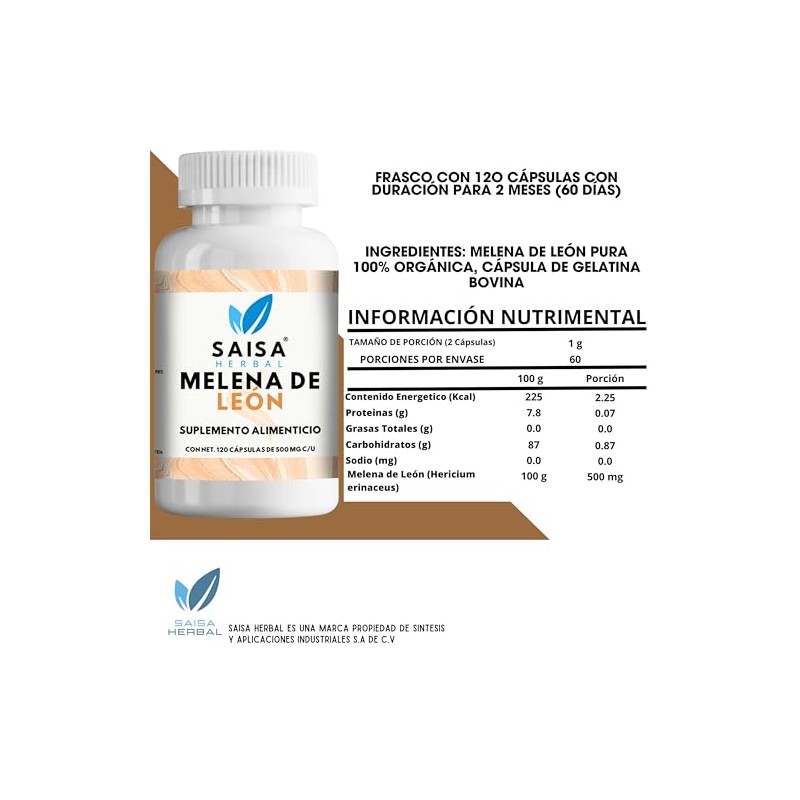 SAISA HERBAL Melena de León,120 Cápsulas Memoria, Concentración, Bienestar Cognitivo