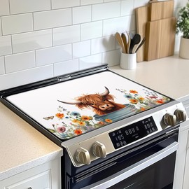 Highland Cow Electric Stove Top Cover Protector,Cute Flowers Glass Flat Top Stove Mat,Heat-Resistant Oven Induction Cooktop Mat for Ceramic Countertop Mats Dish Drying Mat