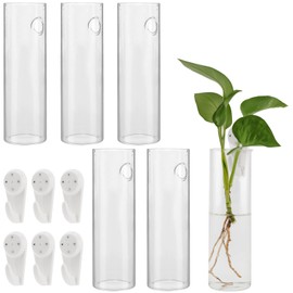 JEUIHAU 6 PCS 6 inch Glass Wall Mounted Planters, Wall Glass Tube Plant Holder, Clear Flower Vases Hanging for Hydroponics Plants, Garden Decor