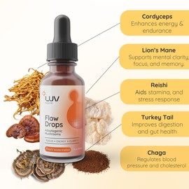 LUV health Flow Drops® – Energy Supplement for Focus, Mental Clarity & Immune Support - Adaptogenic Mushrooms with Lion’s Mane, Cordyceps, Reishi, Chaga & Turkey Tail – Vegan, Made in USA 60 Servings