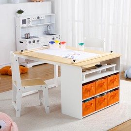 Hipicute Kids Art Table and 2 Chairs,Toddler Craft and Play Wood Activity Table with Storage Bins, Drawing Desk, Kids Activity Table and Study Table, Activity & Crafts for Children Wooden Furniture