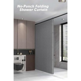 Momooda Waterproof Folding Heavy Duty Shower Curtain with Hooks, Magnetic Sripe Splash-proof, Anti Mould Linen Shower Curtain for Bathroom, Grey , 80x200cm