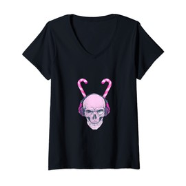 Womens Pink Peppermint Candy Cane Skull Head | Seasons Greetings V-Neck T-Shirt