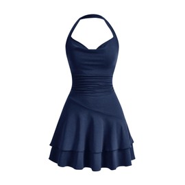 SweatyRocks Women's Mini Dress, A Line Dress, Halterneck Dresses with Ruffles, Sleeveless Multi-layer Dress, Casual Dress, darkblue