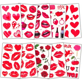 Habett Tattoos for Women and Men, Red Lip Heart Prints Temporary Tattoos Stickers Set, Tattoos for Valentines Decoration Birthday Party Supplies (10 Sheets)