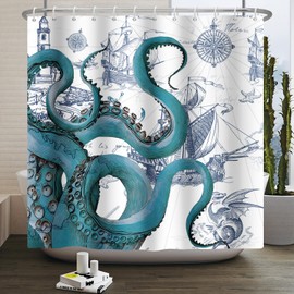 ZJRBJB Blue Nautical Octopus Shower Curtain Funny Ocean Pirate Map Shower Curtain Set Coastal Sailboat Adventure Bathroom Shower Curtain Waterproof Polyester Fabric with 12 Hooks,72x72 inches