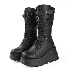 Gothniero Goth Platform Boots Knee High Black Gothic Boots Chunky Heel Holographic Buckles Booties Mid Calf Lace Up Combat Botas for Women 3UK-8UK