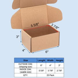 Wowxyz Shipping Boxes 6x4x3" 25 Pack - Brown Kraft Corrugated Cardboard Mailing Box for Small Business, Medium Literature Mailer Packaging Supplies