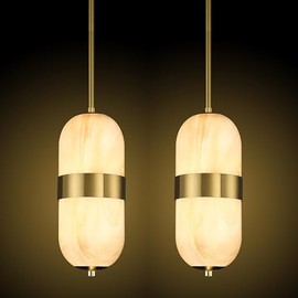 2 Pack Hanging Modern Farmhouse Kitchen Island Pendant Light 5.3" Alabaster Glass Shade Pendant Lamp Fixture LED Bulb 6W 3000K,Brushed Bronze Finish for Kitchen Island Dining Room Bedside