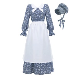 CR ROLECOS Colonial Prairie Dress Women Floral Amish Dresses Pilgrim Costume Pioneer Trek Clothing 3 Pcs Blue S