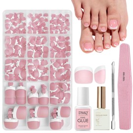 DMQ French Press on Toenails Short Set, 240Pcs Square False Toenails, French Tip Nude Pink Color Fake Toe Nails, Full Cover Stick on Nails with Glue for Women Girls Nail Art Manicure