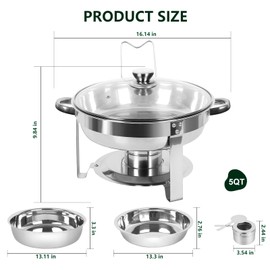 IMACONE Chafing Dish Buffet Set of 6, 5QT Round Stainless Steel Chafer for Catering, Upgraded Chafers and Buffet Warmer Sets with Glass Lid & Holder, Frame, Fuel Holder for Event Party Wedding Holiday