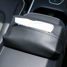 Genuine Leather Car Tissue Case Car Tissue Holder Sun Visor Headrest Mountable (Black)