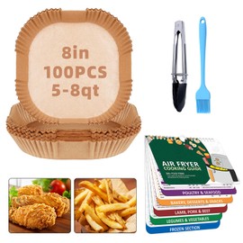 Air Fryer Liners Disposable 7.9” Square Airfryer Liners, 100 Pcs Air Fryer Parchment Paper Liners, Non-Stick airfryer paper liners, Air Fryer Cheat Sheet Magnets Over 200 Foods (Air Fryer Accessories)