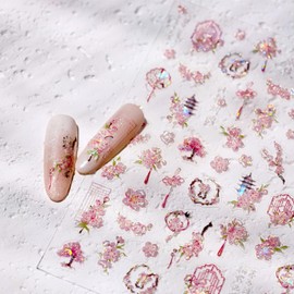 5D Embossed Flower Nail Art Stickers Self Adhesive Sakura Nails Decals Pink Flower Nail Stickers Spring Cherry Blossoms Nails Design Sticker Laser Peach Blossom Floral Manicure Supplies for Women 1Pcs