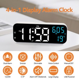 Digital Alarm Clock with Temperature Date Week Display, Alarm Clocks Bedside 2 Alarms with Snooze Function, Bedroom Digital Clock 3 Levels Brightness, 12/24H and C°/F° Format, USB Powered (Basic)