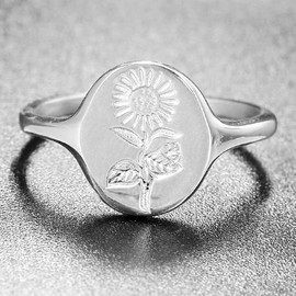 Jude Jewelers Stainless Steel Dainty Sun Flower Pattern Signet Style Wedding Promise Statement Anniversary Valentines Ring (Silver, 8)